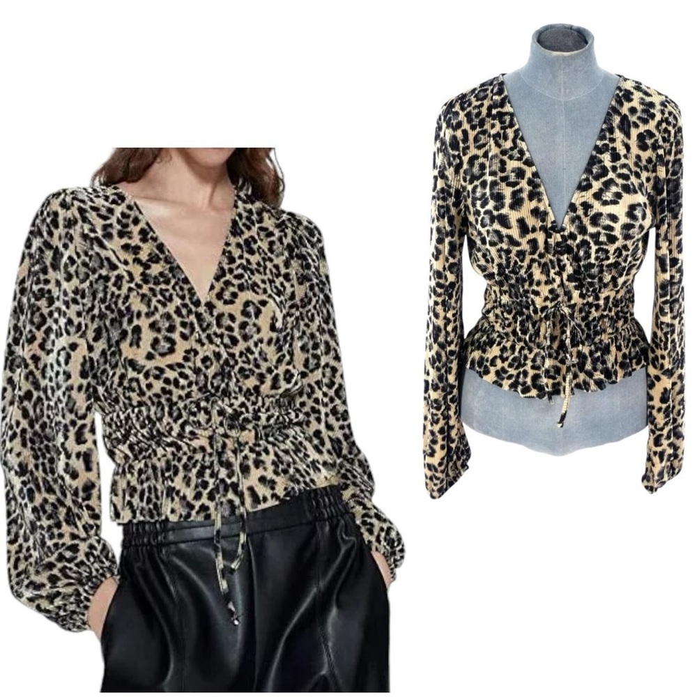 ZARA Pleated Leopard Print Blouse